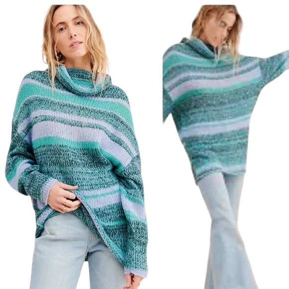 Free People Candy Stripe Blue Tunic Cowl Neck Sweater - Picture 1 of 11
